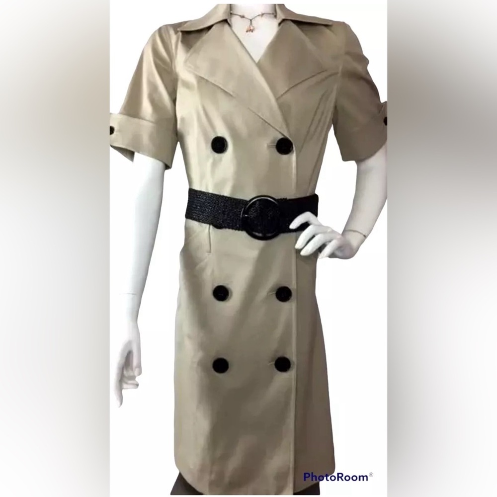 Anne Klein Stretch Career Shirt Dress Sz 6 S Khaki Belted Pockets Buttons Slit
